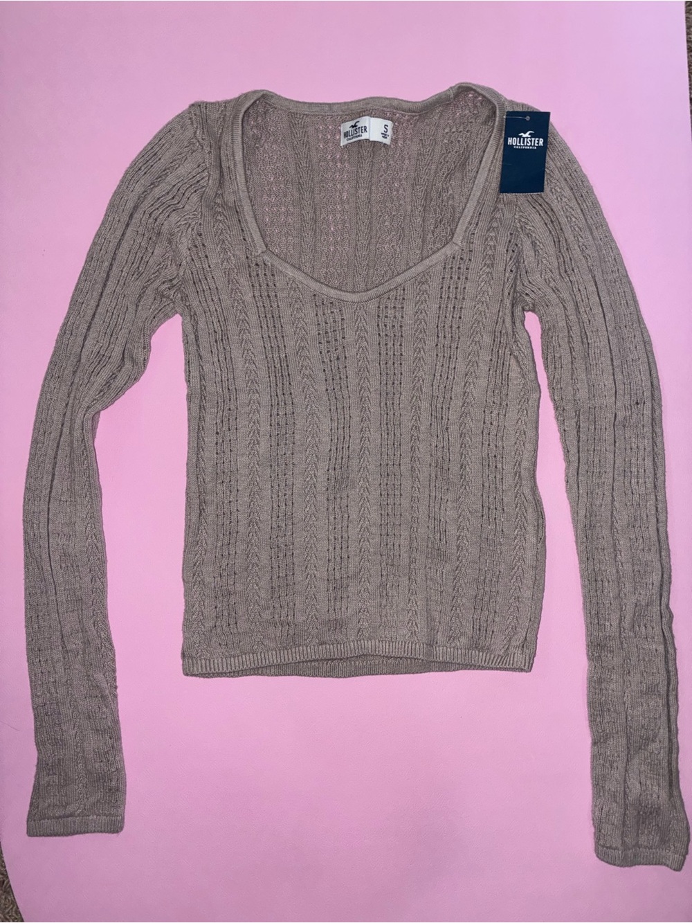 Hollister Taupe Cable Knit V-Neck Sweater